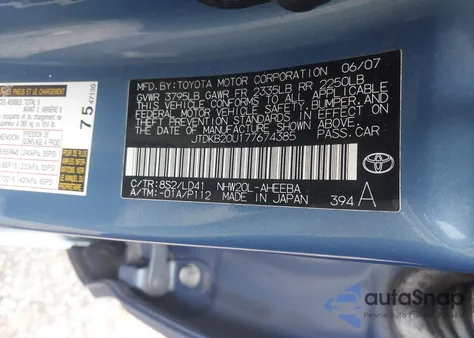 2007 Toyota Prius z USA, uszkodzony, nr VIN JTDKB20U177674385
